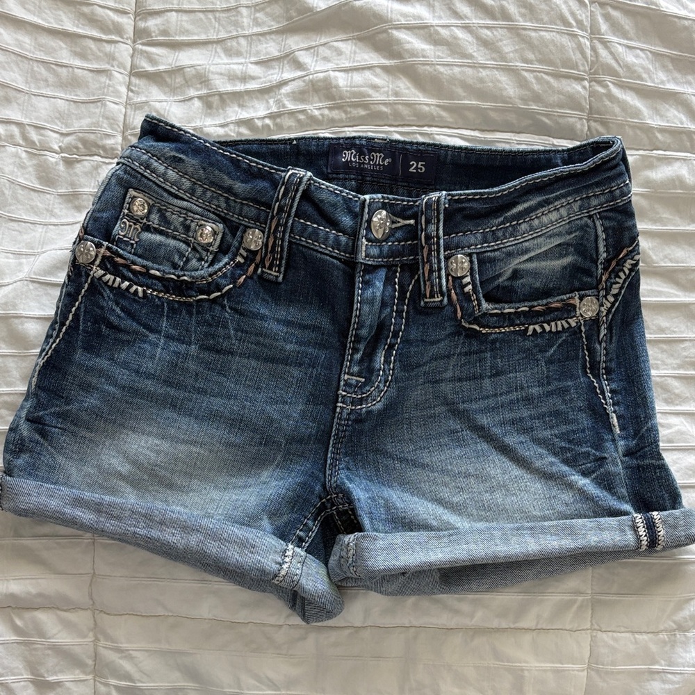 Miss Me Dark Wash Denim Shorts with Rhinestones
